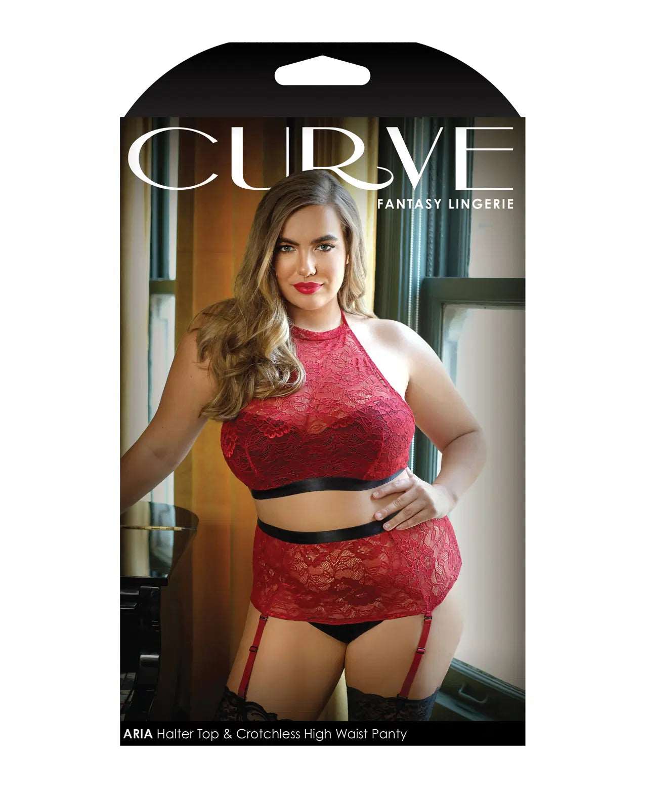 Curve Aria Halter Lace Bra Top And Hight Waist Panty 1x/2x Red